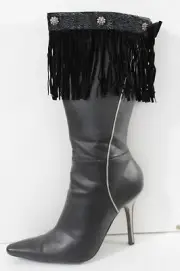 Western Women Winter Boot Toppers Black Fabric Long Fringe Knee High Flower Sexy