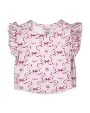 Terez Girls' Pink Bows Stretch Ruffle Sleeve Crop Top - Little Kid, Big Kid