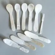 10 Mother Of Pearl Utensils 5 Caviar Spoons 4 Pate Knives 1 Canape Fork NOS