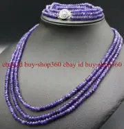 Natural 2x4mm Purple Amethyst Gemstone Beads 3 Row Necklace Bracelet Set
