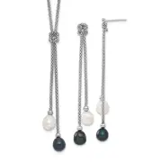 Solid Sterl Silver Black White Pearl Knot Necklace Post Dangle Earrings Set 49"