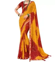 Women'S Lace & Bandhani Printed Chiffon Saree With Unstitched Blouse Piece