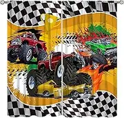 AAVEUP Monster Truck Curtains for Kids,Cartoon Fleet Racing Car Stadium Game Cool Flame Flag Racing Window Drapes Print for Nursery Boys Bedroom Living Room 42x45in（No Blackout）