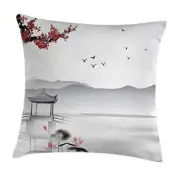 Asian Throw Pillow Cushion Cover, Japanese Style Garden 18 x 18-Inch Grey Pink