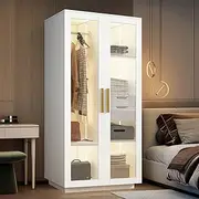 Wardrobe Cabinet Armoire Closet LED Clothes Organiser Storage Shelves Drawers Glass Door Wooden Bedroom Furniture Hanging Rail Rod White