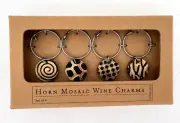 SET OF 4 BLACK BEIGE HORN MOSAIC WINE MARKER CHARM TO IDENTIFY PARTY WINE GLASS