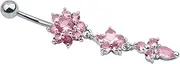 [TinyStudio] Elegant Crystal Flower Dangle Belly Button Ring - Surgical Stainless Steel, 14 Gauge, 54mm Length