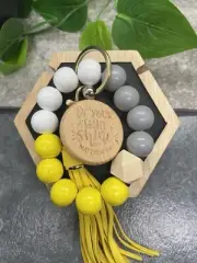 7" Handmade Wood Bead Leather Tassel Scripture Keychain Purse Wristlet B2564