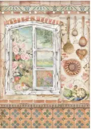 Stamperia A4 RICE PAPER - CASA GRANADA - WINDOW WITH FLOWERS, Decoupage