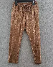 Splendid Oxford Sequin Pants Women's S Brown Drawstring Side Pockets Pull On