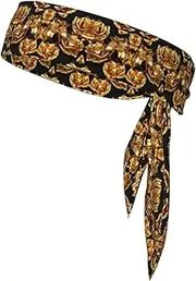 Gold Rose Pattern Sports Strap Double-Sided Headscarf Men's Bow Tie Sports Headscarf Running Yoga Exercise Headband