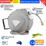 Garden Water Hose Reel 30M Retractable Brass Spray Auto Rewind Wall Mount 116psi