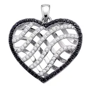14k White Gold Round Black Diamond Lattice Heart Pendant 1 Cttw