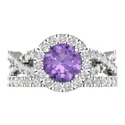 2.1 Round Cut Halo Alexandrite Stone Promise Bridal Ring Band set 14k White Gold