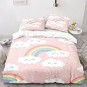 Eveone Rainbow Duvet Cover Single/Double/Queen/King Size Bed Sheets Pillowcase Set Lovely Cute Kid Child boy Girl Cartoon Romantic Simple Sweet Dream Pink Bedding 2/3/4PCS (Queen-210 * 210cm-3pcs,9)