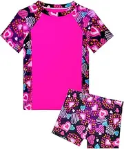 [Snowheart] Girl Swimsuits 2 Pieces Multicolor Short Short Sleeve Quick Dry Durable Rash Guard Set with Shorts