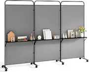 Giantex 3 Panel Room Divider with Wheels and Shelves, 103" W x 74" H Folding Privacy Screen, Rolling Partition Separator for Home Office Studio, Fabric Wall Divider for Room Separation (Gray)