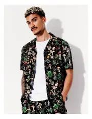 [Kenji] Botanical Gardens Print Short Sleeve Rayon Shirt in Black