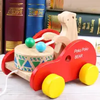 在飛比找ETMall東森購物網優惠-兒童拖拉小熊敲鼓手拉拖車學步車 寶寶木制益智玩具1-2-3周