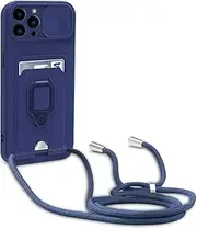 Dllatui Mobile Phone Case Compatible with iPhone 13 Pro Max, Collar Lanyard, Silicone Case with Camera Protection Slider, Rotating Stand with Card Slot, Necklace Case (Blue)