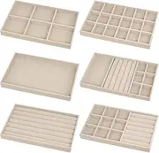 Yicaam Velvet Jewellery Trays, Pack of 6, Stackable Drawer Insert, Jewellery Organiser for Ring, Earring, Bangle, Bracelet, Necklace - Beige