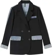 [Bciopll] Women's Blazer Notched Collar Patchwork Denim Double Breasted Panelled Casual Suit Jackets
