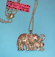 Elephant Mom and Baby Gold Crystal Rhinestone Betsey Johnson Necklace