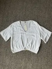 Sim & Sam V Neck Top White Small Oversized Cropped O Ring Rayon New