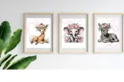 Baby Nursery Safari Trio Wall Prints A4 Giraffe Zebra Elephant Baby Gift Cute