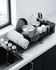 Kitsure Large Dish Drying Rack - Extendable Dish Drainer Rack with Cutlery & Cup Holders for Kitchen Counter, Kitchen Storage & Organisation, 66.5 x 32.7 x 14.9 cm, Black