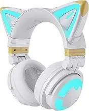 YOWU RGB Cat Ear Headphone 3G Wireless 5.0 Foldable Gaming Headset with 7.1 Surround Sound, Built-in Mic & Customizable Lighting and Effect via APP, Type-C Charging Audio Cable (White)