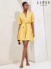 Lipsy Yellow Broderie Short Sleeve Mini Shirt Dress (AW7796) | $113