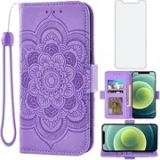 Asuwish Compatible with iPhone 12 Pro iPhone12 6.1 Wallet Case and Tempered Glass Screen Protector Flip Credit Card Holder Stand Cell Phone Cover for iPhone12pro 5G i 12s iPhone12 12pro Women Purple