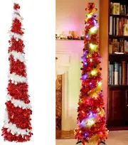 Pop up Tinsel Christmas Tree, 5 Ft Skinny Pencil Christmas Tree with Ligh