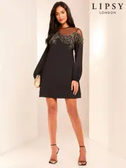 Lipsy Black Petite Long Sleeve Hand Embellished Artwork Mini Shift Dress (E19819) | $72