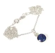 925 Solid Sterling Silver Blue Simulated Sapphire Chain Pendant -18.6 INCH T977