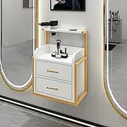 Suspended Salon Wall Cabinet, Floating Salon Wall Cabinet Storage with 2 Drawers and Hair Dryer Stand, Wall Mounted Storage Table for Hair Cutting Station Beauty Salon, 40 x 30 x 48 cm(White,Gold stan