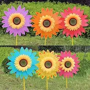 6 Sunflower Windmill Flower Pinwheel, 28cm Small Sunflower Wind Spinners, Garden Windmill Spinners, Colourful Sunflowers Rainbow Windmill, Windmills for Children