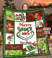 Custom Name Christmas Grinch Fleece Blanket, Merry Grinchmas Blanket
