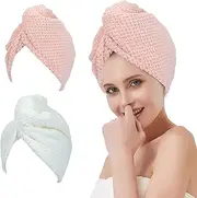 2 Pack Microfiber Hair Towel, Soft and Absorbent Hair Towel Wrap with Double Buttons, Hair Drying Towels for Women Anti Frizz to Dry Hair Fast, Hair Plopping Towel Curly (Beige&Light pink)