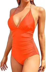[Holipick] Women One Piece Swimsuits Tummy Control Bathing Suits Halter Swimwear Sexy V Neck Swim Suit