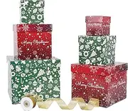 Lyforpyton 6PCS Christmas Nesting Gift Boxes with Lids Xmas Nested Box Set Red Green Square Stackable Gift Box for Christmas New Year Packaging