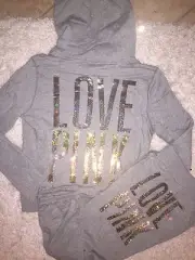 VICTORIA SECRET PINK SWEAT SHIRT HOODIE & SWEAT PANTS SET S GRAY BLING SEQUIN