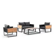 Corfu 2+1+1 Aluminium & Teak Lounge With Coffee Table In Sunbrella - White with Canvas Coal