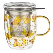 3pc Ashdene Natures Keepers Bee Double Walled 350ml Glass Cup Mug w/SS Infuser