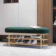 Modern Velvet Upholstered Golden Shoe Shelf Storage Bench Shoe Changing Stool for Living Room Bedroom Entryway Hallway-Green 80x32x45cm