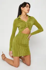 Green Mini Dress Slinky Jersey Cut Out - Size 12, Women's F Bodycon Dress