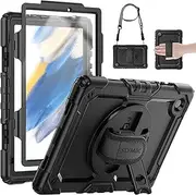 SEYMAC Samsung Galaxy Tab A8 2022 Case (SM-X200/SM-X205/SM-X207) Shockproof Case with Screen Protector, 360 Degree Rotating Wrist Strap & Kickstand Shoulder Strap, S Pen Holder, Black