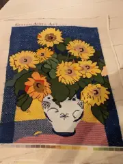 Vintage Handmade Embroidery Needlework Flowers W/ Vase Finished Piece No Frame