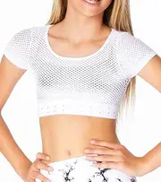[Malibu Sugar] Girls Short Sleeve Mesh Crop Top with Sparkling Rhinestones - Breathable Dance Style Mesh Top for Girls Age 7-14, White, One Size